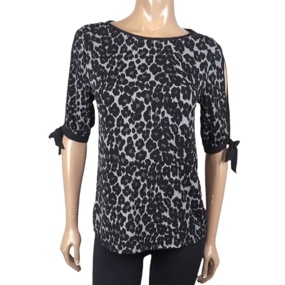 Joe Fresh Leopard Blouse Short Sleeve Slit Tie Black Gray Size Small Top